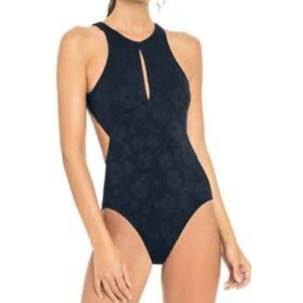 ROBIN PICCONE ONE PIECE SWIMSUIT WOMENS SZ 8 ANA HIGH NECK DAMASCO  NAVY FLORAL